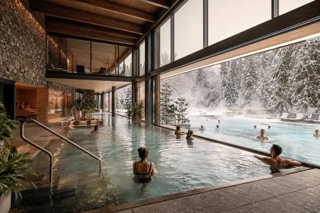 Загородный SPA-комплекс с открытым бассейном среди зимнего леса