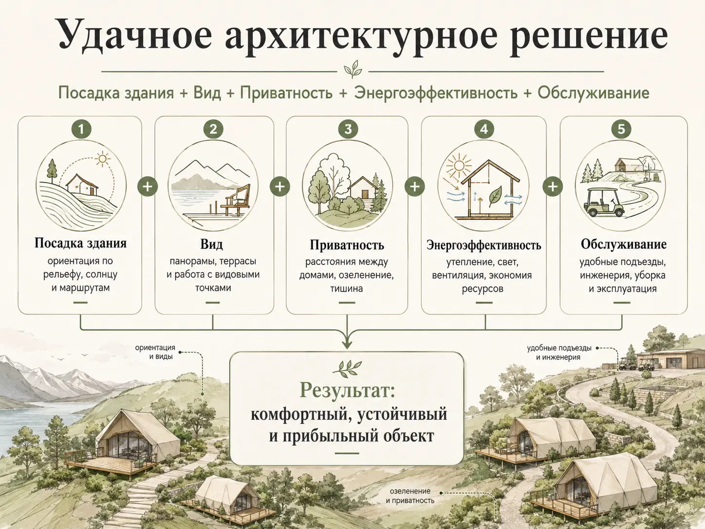 Схема удачного архитектурного решения для эко-отеля